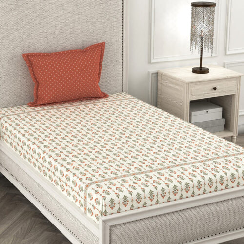 Flowers Of Jaipur Floral Microfiber Bedsheet- Green & Orange