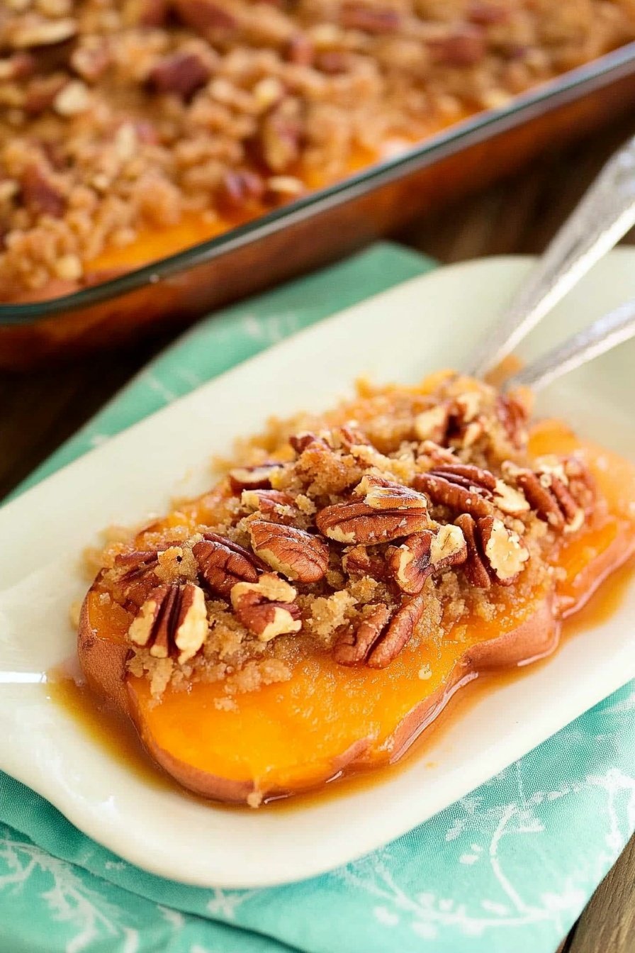 Candied Sweet Potatoes with Pecan Topping