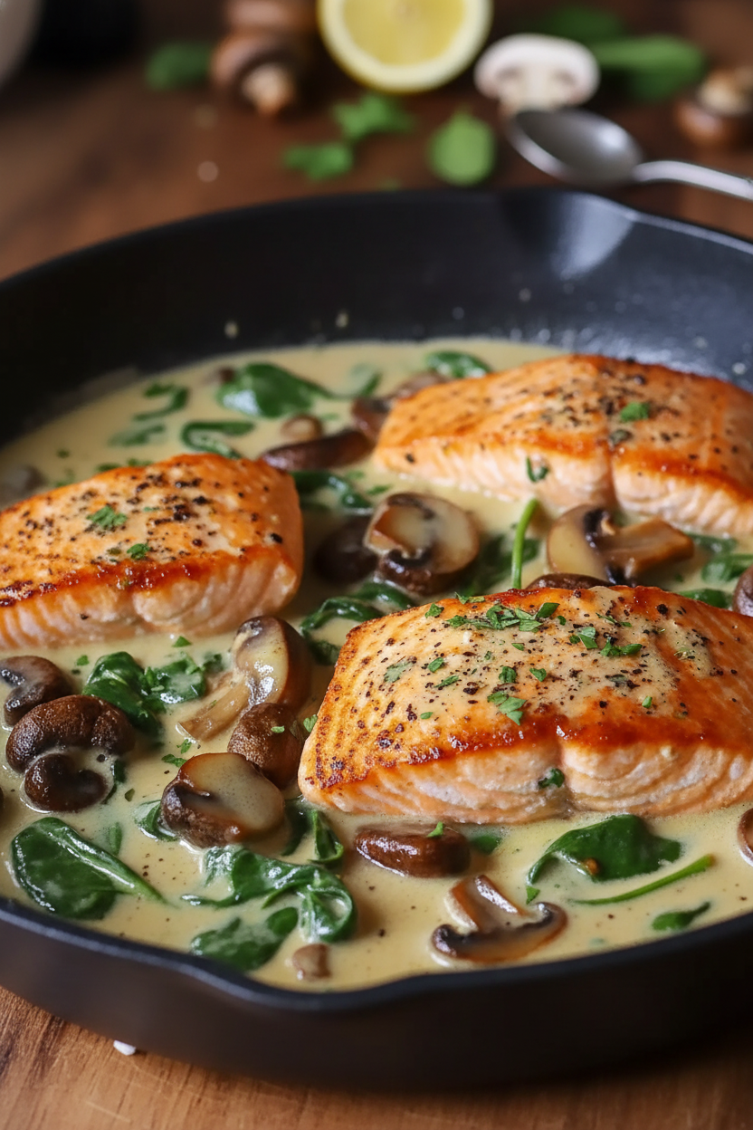 Creamy Garlic Butter Salmon with Mushrooms Spinach