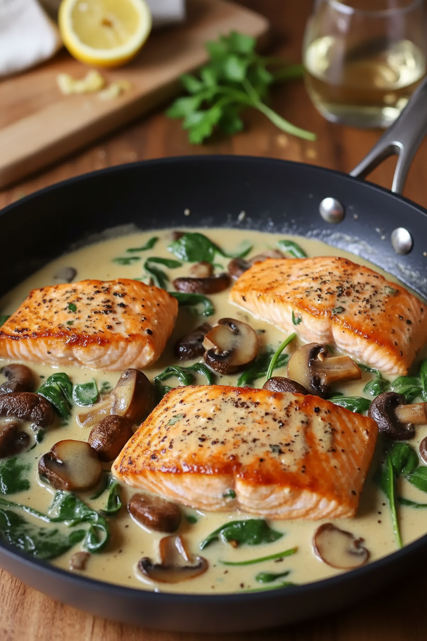 Creamy Garlic Butter Salmon with Mushrooms Spinach
