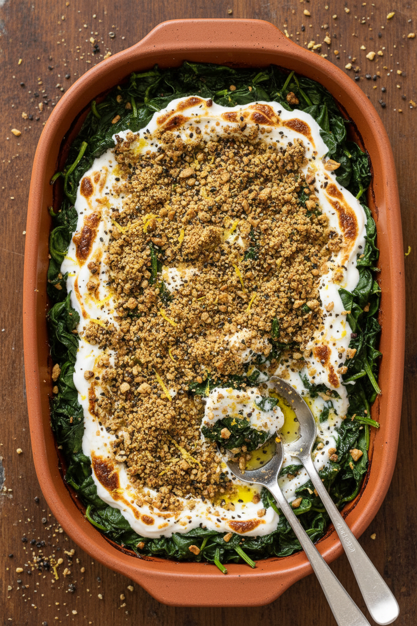 Creamy Spinach with Spiced Nut Topping