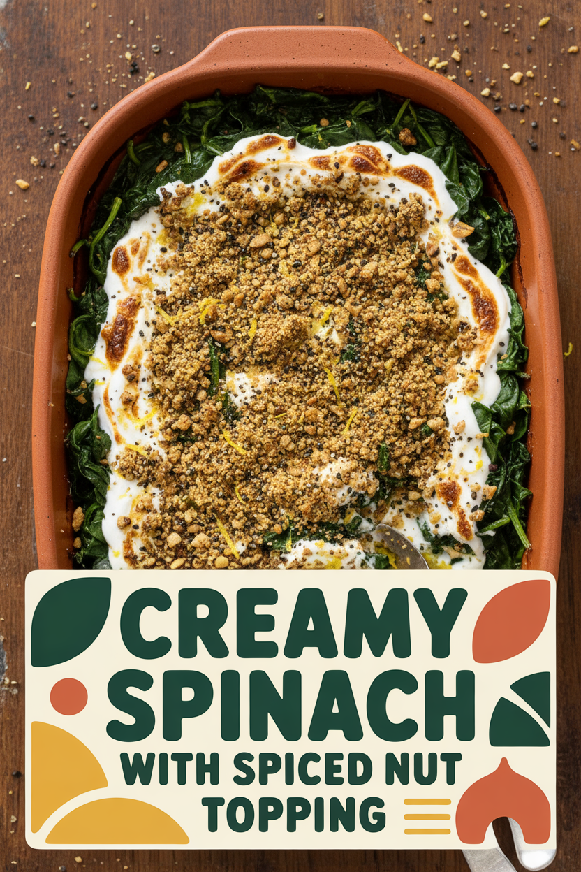 Creamy Spinach with Spiced Nut Topping
