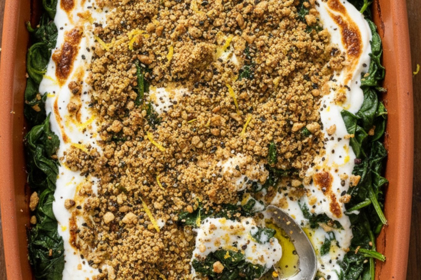 Creamy Spinach with Spiced Nut Topping