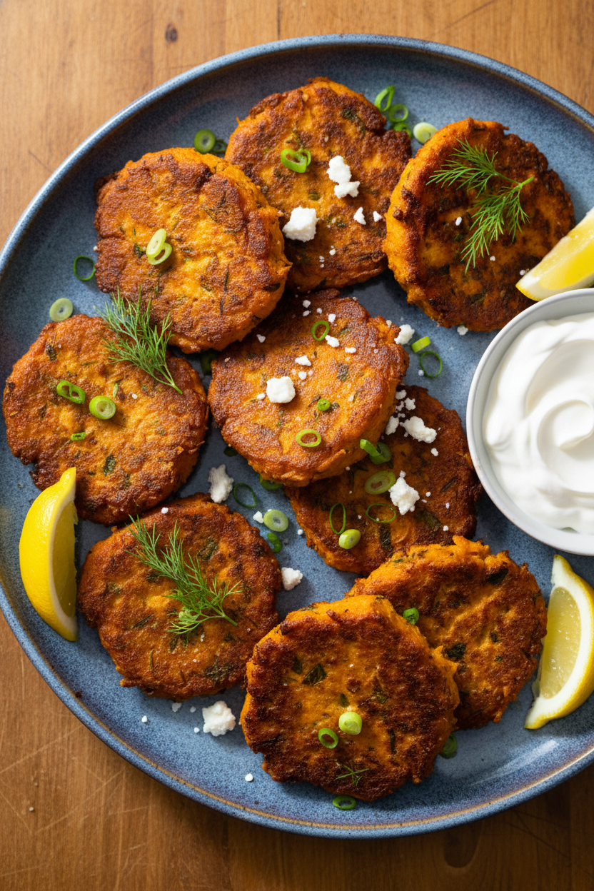 Crispy Sweet Potato Feta Herb Fritters