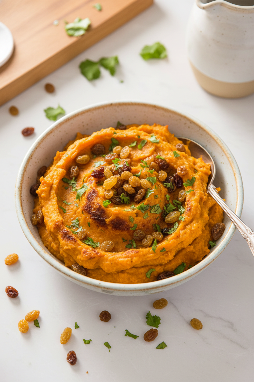 Curried Sweet Potato Mash with Golden Raisins
