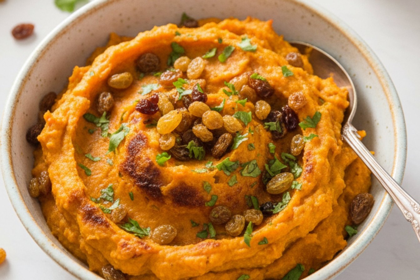 Curried Sweet Potato Mash with Golden Raisins