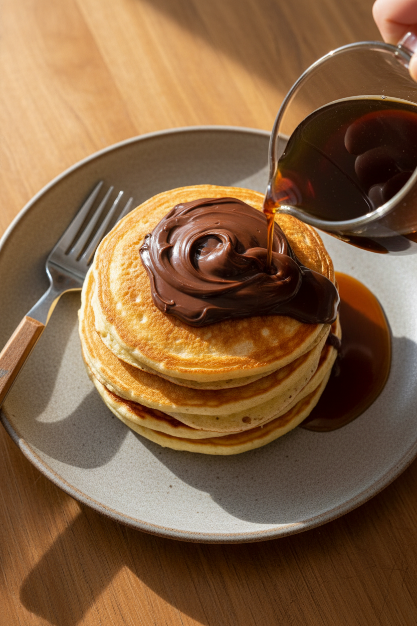 Malted Nutella Pancakes with Maple Syrup