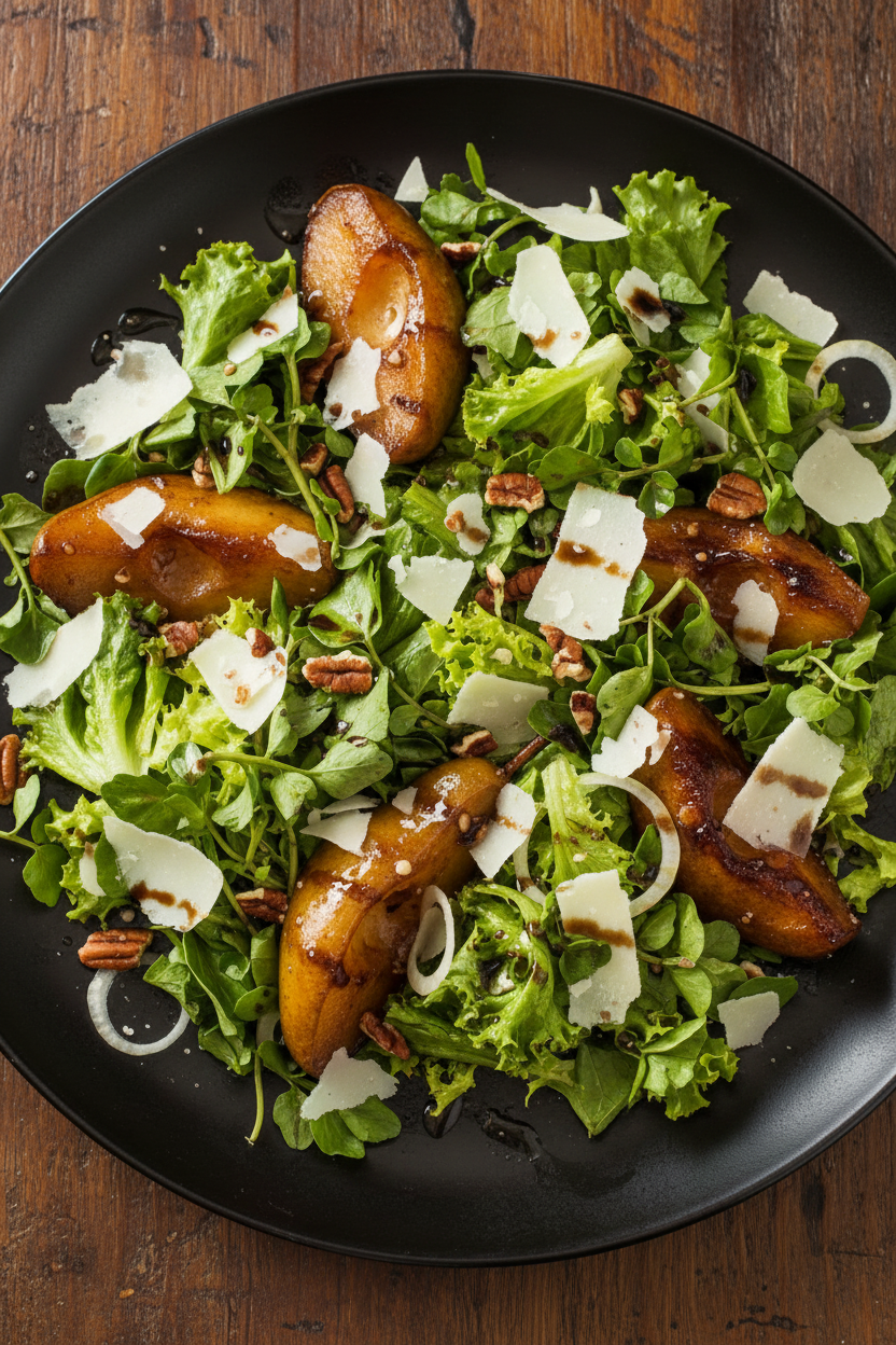 Pan Roasted Pear Salad with Parmesan and Pecans
