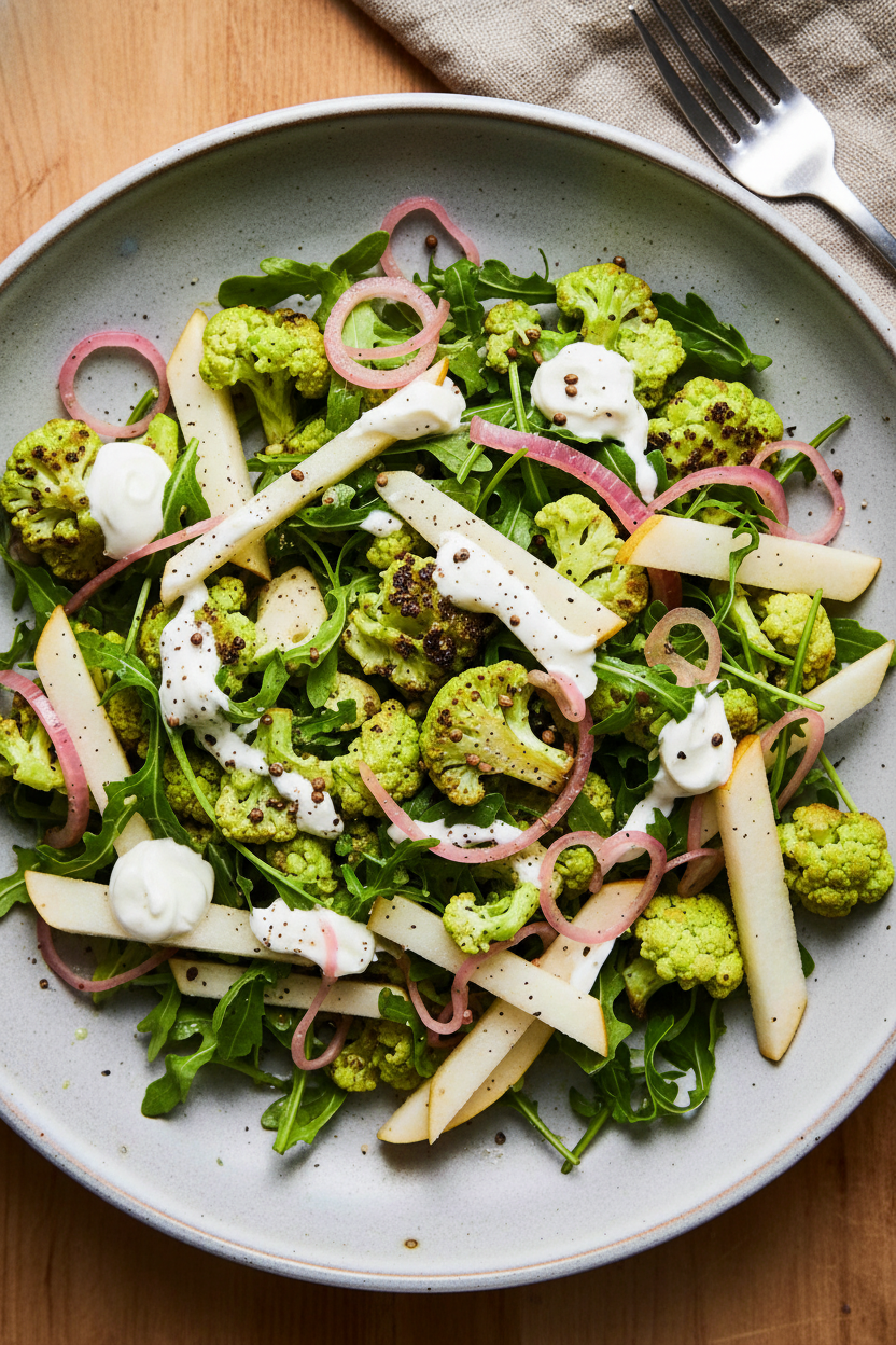 Roasted Cauliflower Arugula and Pear Salad