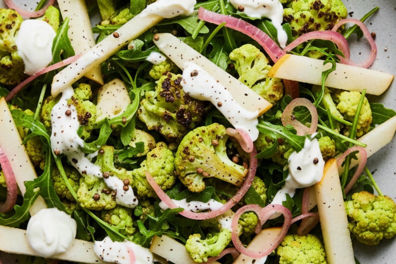 Roasted Cauliflower Arugula and Pear Salad