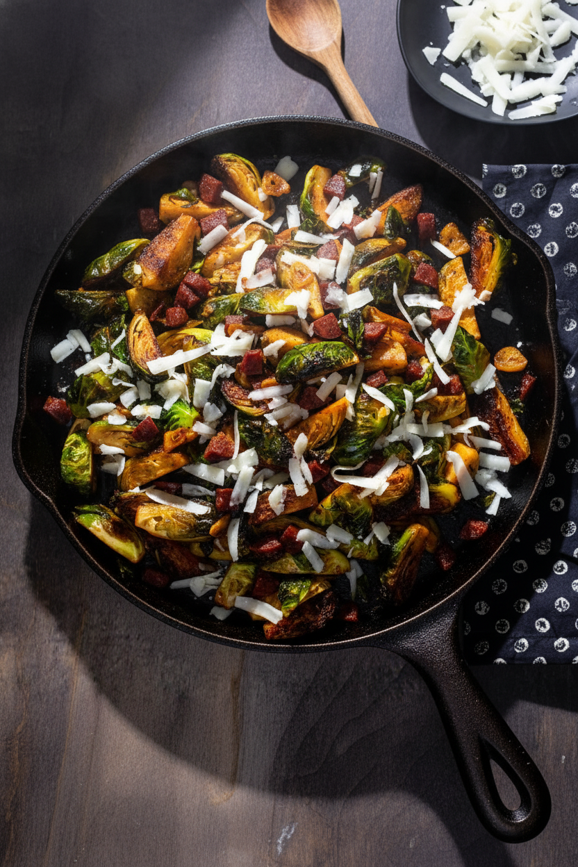 Skillet Chorizo Brussels Sprouts with Manchego