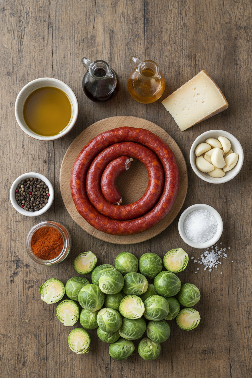 Skillet Chorizo Brussels Sprouts with Manchego